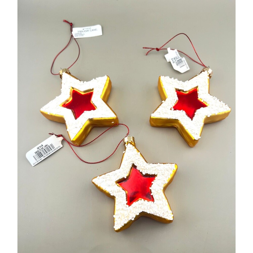 NWT Macy's Holiday Lane Star Shaped Sugar Cookie Glass Ornament Frosted Set of 3